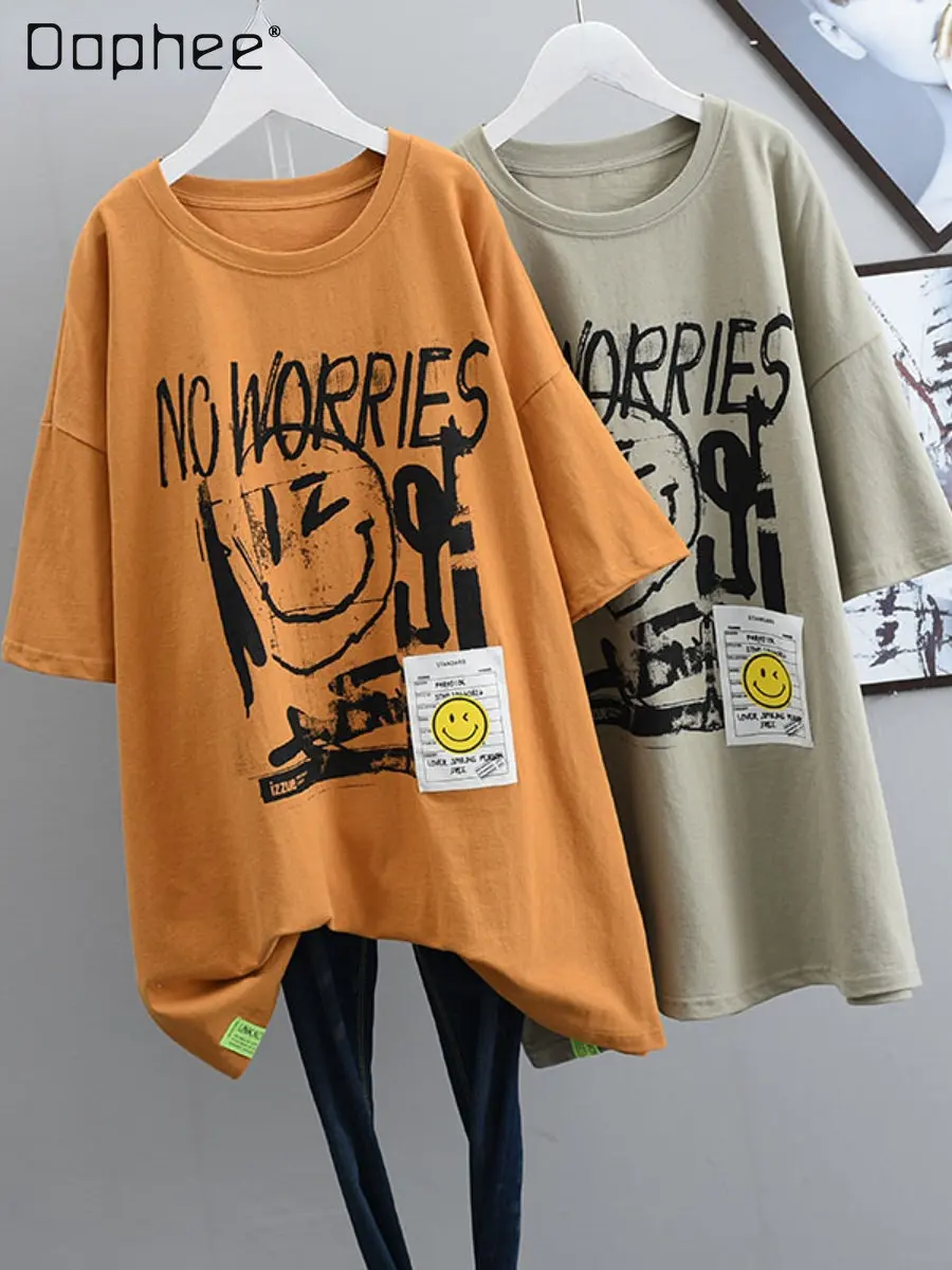 

Модная брендовая футболка большого размера с коротким рукавом, женская летняя свободная футболка средней длины с круглым вырезом и мультяш...