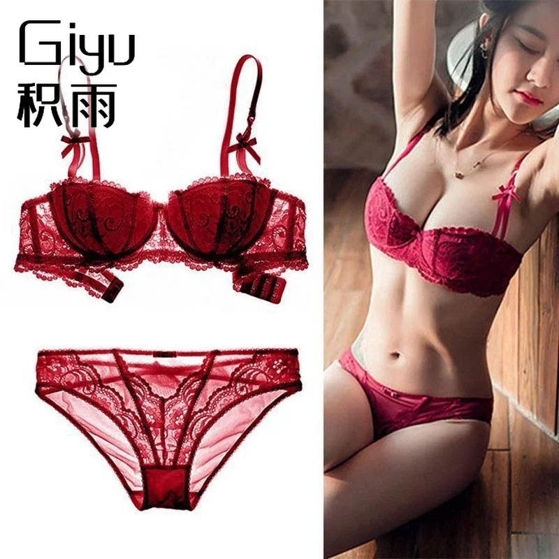 

2022 European Style Sexy Lace thin push up half cup 1/2 cup bra wine red underwear set lingerie femme Minimizer трусы женские