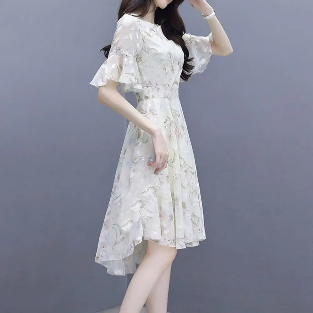 Chic Summer Midi Dress  Ruffle Sweet Style Lady Dress  Plus Size Refreshing Floral Pattern Summer Dress