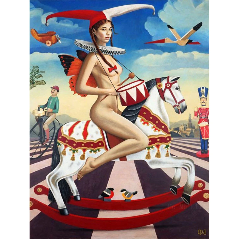 

Сюрреалистичный стиль Сексуальная Девушка сидит на карусели леди с серой тенью холст настенная живопись от Ho Me Lili для декора гостиной