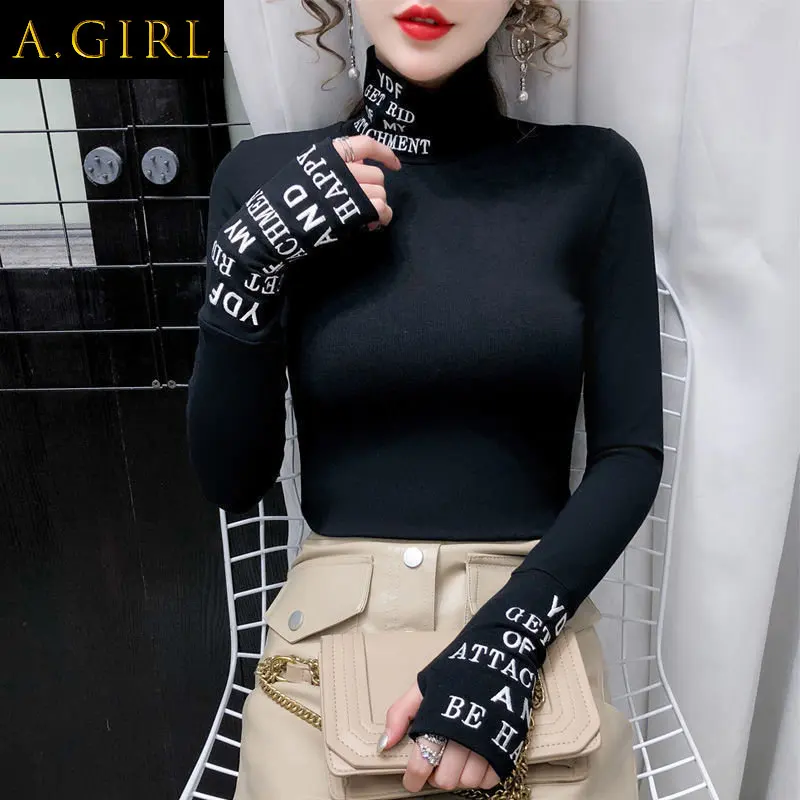 

A GIRLS Vintage Print Tops Letters Doodle T-shirt Women Turtleneck Long Sleeve Slim Stretchy Tee Casual Women Clothing Spring
