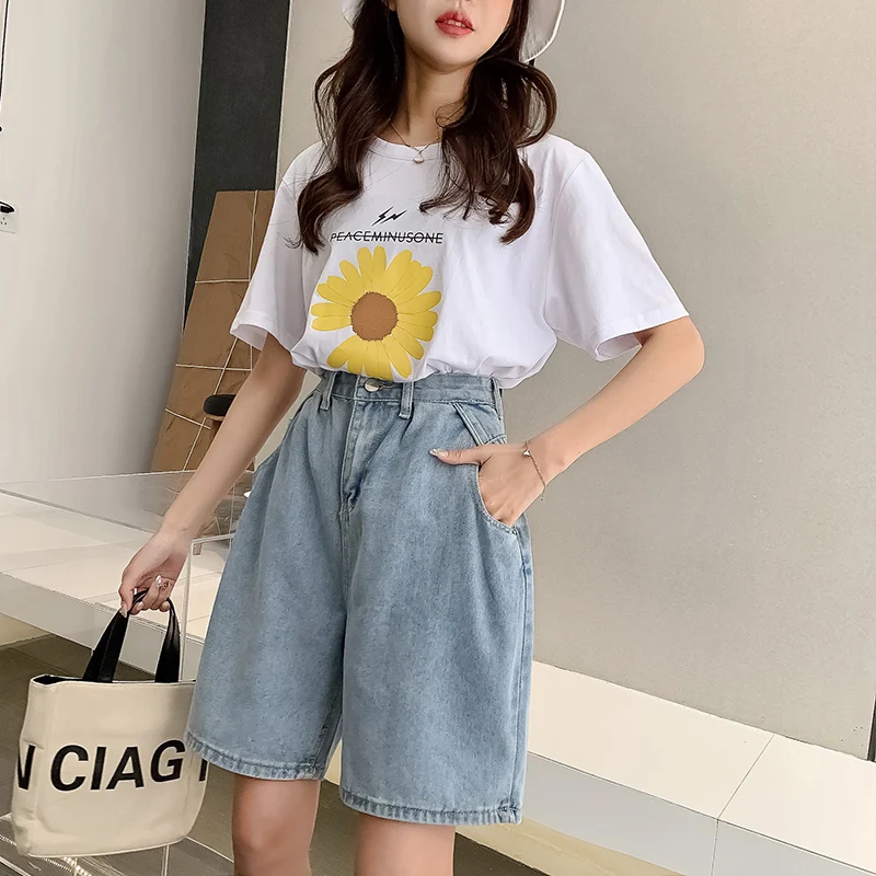 New Woman Wide Legs High Waist Blue Knee-lenght Denim Shorts Casual Female Loose Fit Jeans Vintage Ladies Bermuda Shorts