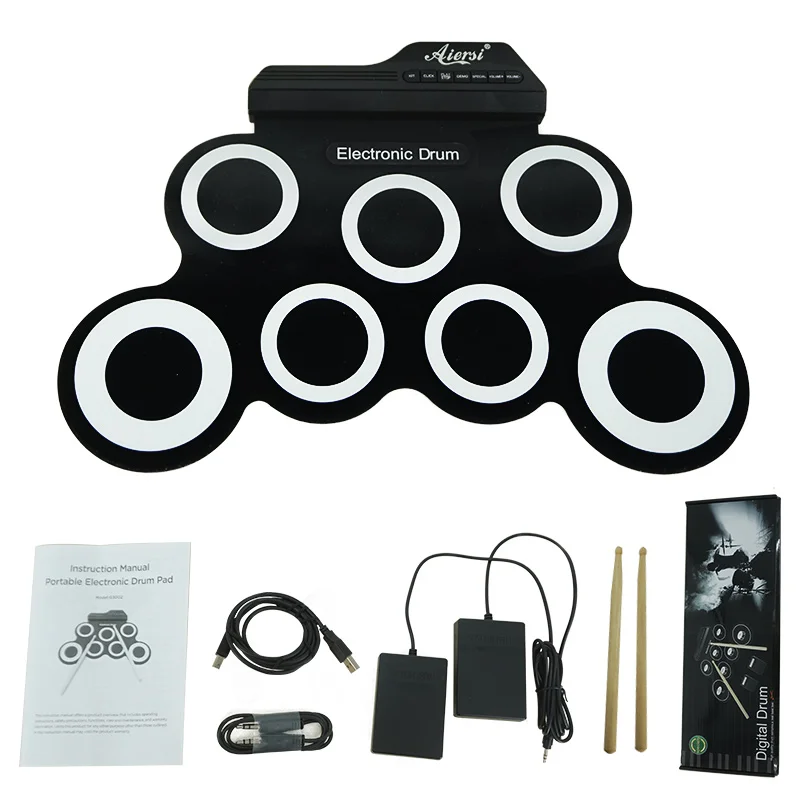 Roll Up Set Silicone 7 Pads Electronic Drum Sets with Sustain Pedal Hand Percussion gift Musical Toy Instrument with stickers