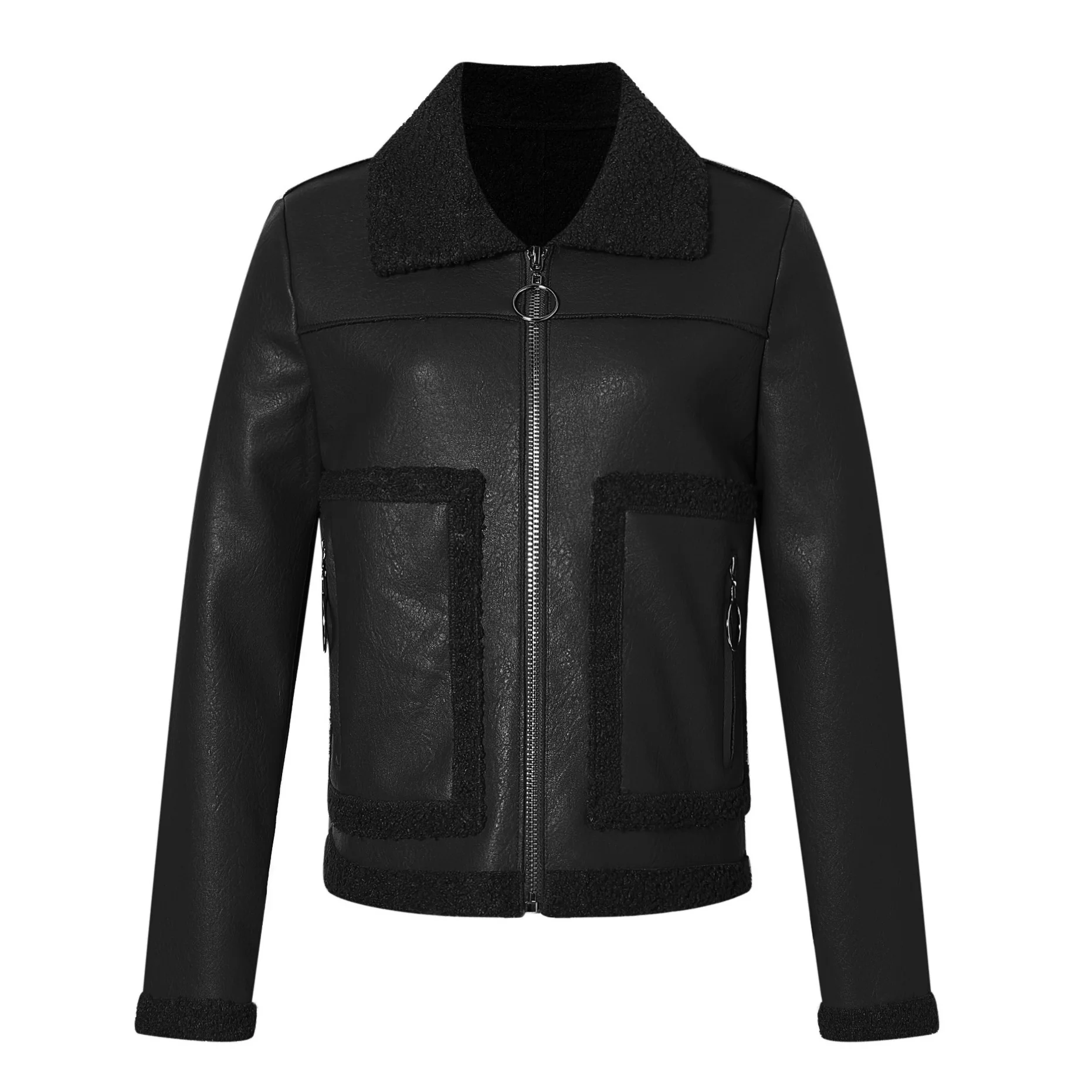 Women's PU Leather Jacket Short Cashmere Fashion Women's Leather Jacket Brown Thick Warm Lady Clothes Short Coat