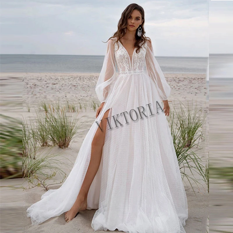 

VIKTORIA Elegant Wedding Gown for Bride V-Neck A-LINE Slit Full Sleeve For Women Custom Made Robe De Soirée De Mariage