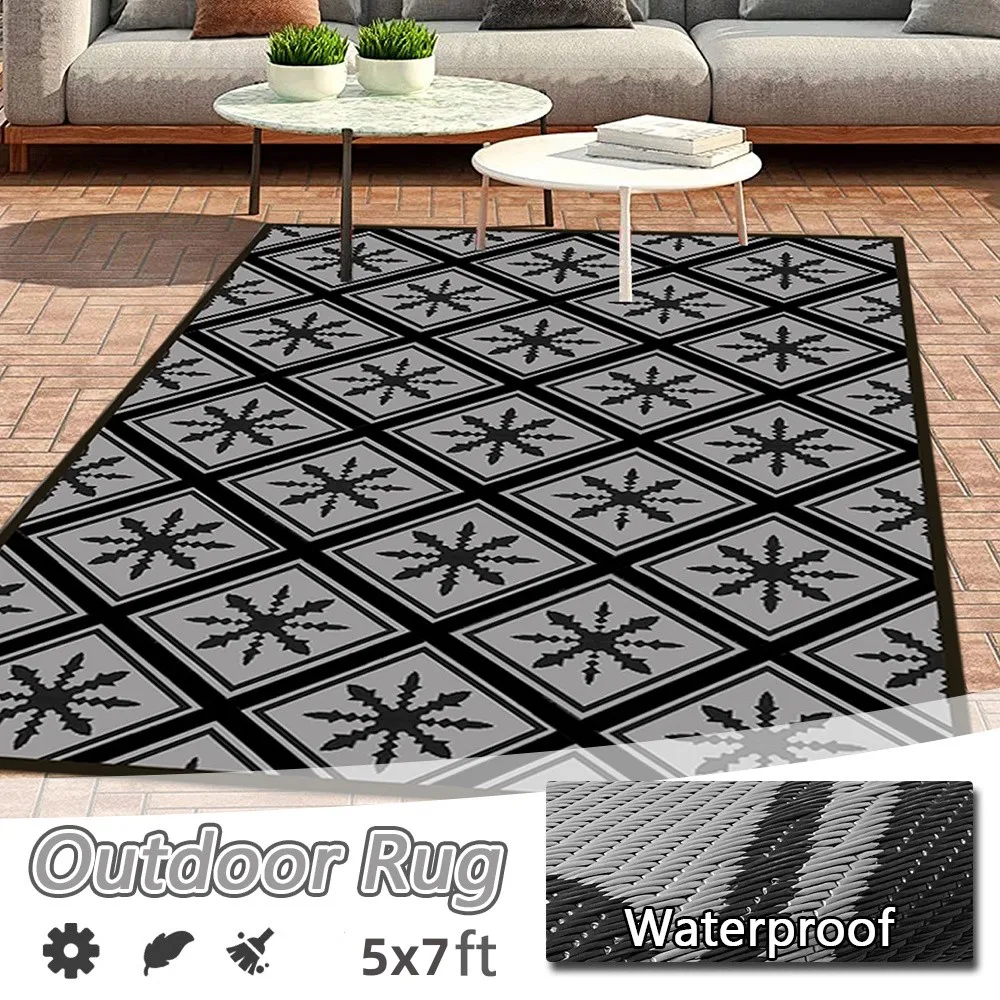 

4x6ft/5x7ft Outdoor Mat for Camping Waterproof Gray Double Sided Woven Rug Stain-resistant Reversible Easy Cleaning Patio Carpet