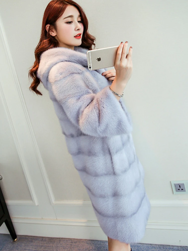 ICCLEK 2020 imitation mink coat women's autumn winter hooded long coat women's long sleeved imitation fur cut groove striped top