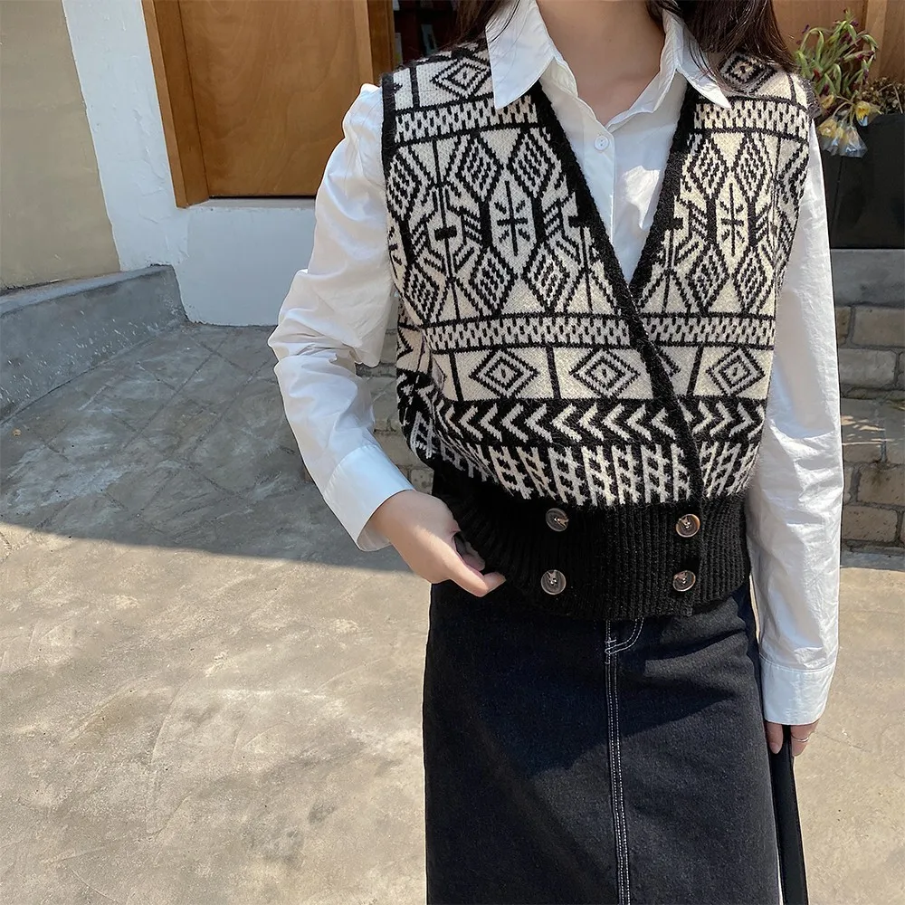 Женский жаккардовый свитер Slap Knit horse на застежке кардиган без рукавов с