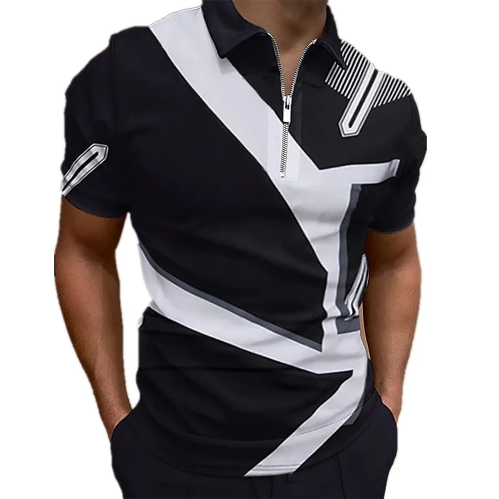 

Men Shirt Collar Fashion Fitness Golf Short Sleeve Tops Contrast T-Shirts Top Turn-Down Collar Zipper Patchwork Shirt