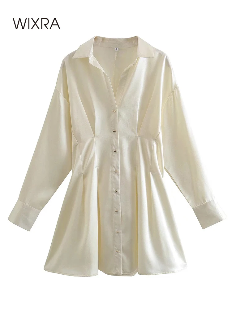 

Женское атласное однобортное платье Wixra, элегантное однотонное мини-платье на пуговицах с длинным рукавом и высокой талией