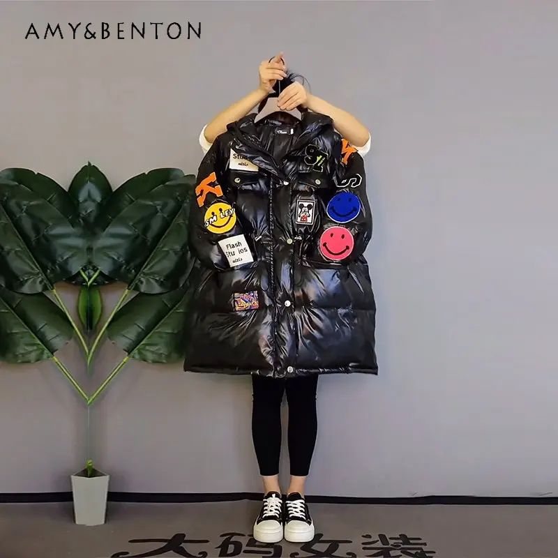 

Зимнее хлопковое пальто с капюшоном на завязках с буквенным принтом для женщин, повседневная брендовая куртка высокого качества, модная Свободная куртка для женщин