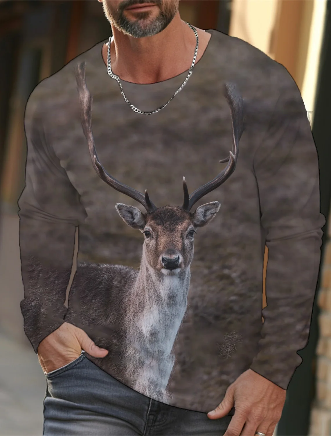 

Винтажная Мужская футболка с длинным рукавом, повседневный модный костюм с 3D принтом лесного оленя