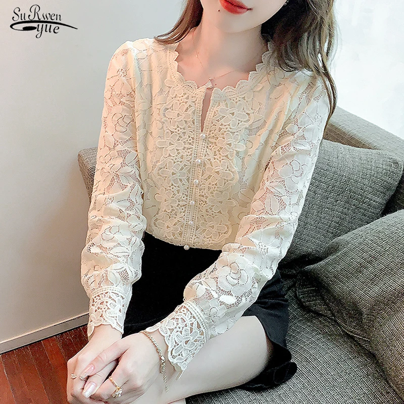 

All-match Women Lace Blouse Petal Sleeve Stand Collar Hollow Out Flower Lace Patchwork Shirt Femme Blusas Button White Top 19234