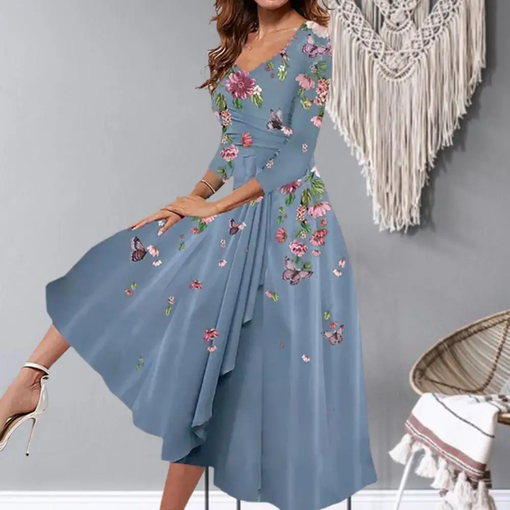 

Midi Dress Fashion Draped Large Hem Summer Dress Colorful Flower Pattern Charming Midi Dress for Vacation