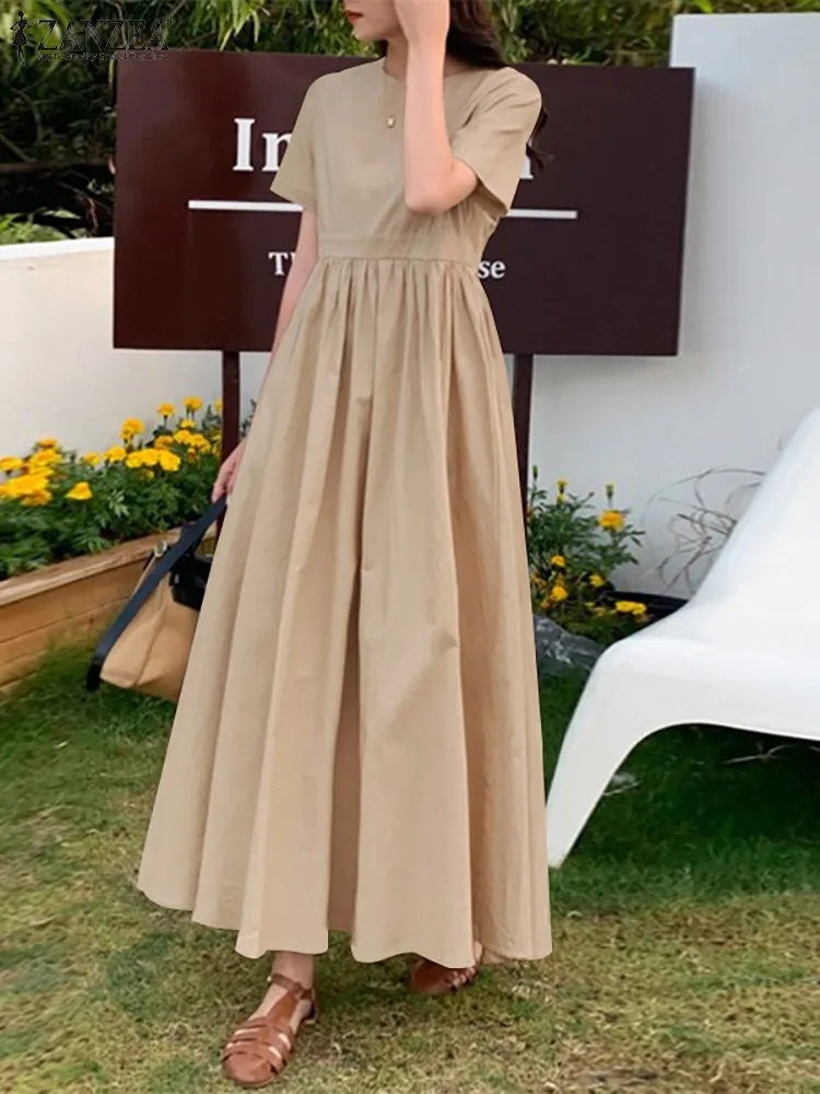 

2022 ZANZEA Fashion Solid Maxi Dress Women Summer Sundress Short Sleeve High Waist Holiday Vestidos Oversized Pleated Robe Femme