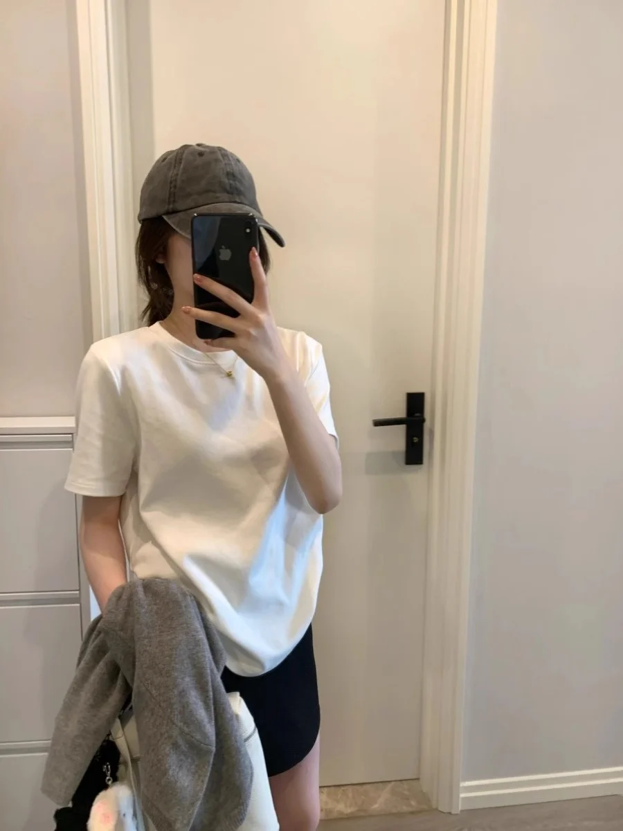 White Cotton Shoulder Short sleeve T-shirt Women Summer 2024 New Solid All-Match Loose Inner wear Bottoming Shirt Top