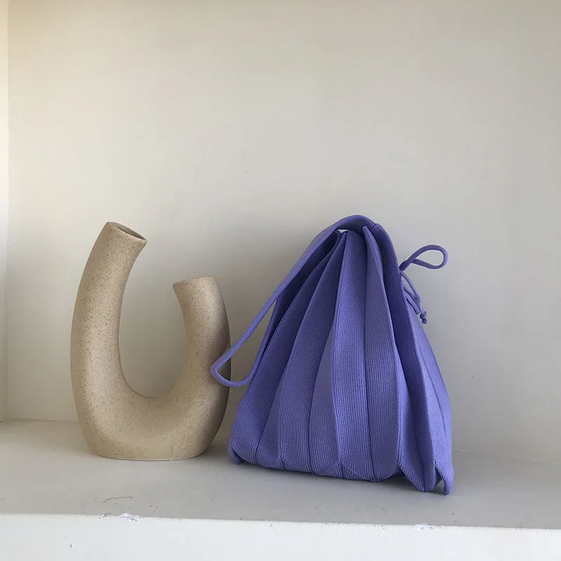 Candy Color Foldable Strapped Tote Bag for Women 2023 Wool Knitted Pleats Handbag Fashion Shoulder Shopper Bag Bolsa Feminina