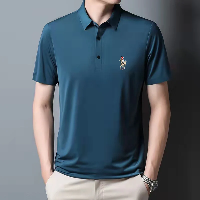 New Embroidered Men's Polo Shirt Summer Slim Fit Business Short Sleeve T-shirt Casual Polo Neck Ice Silk Shirt Men's Golf Appare