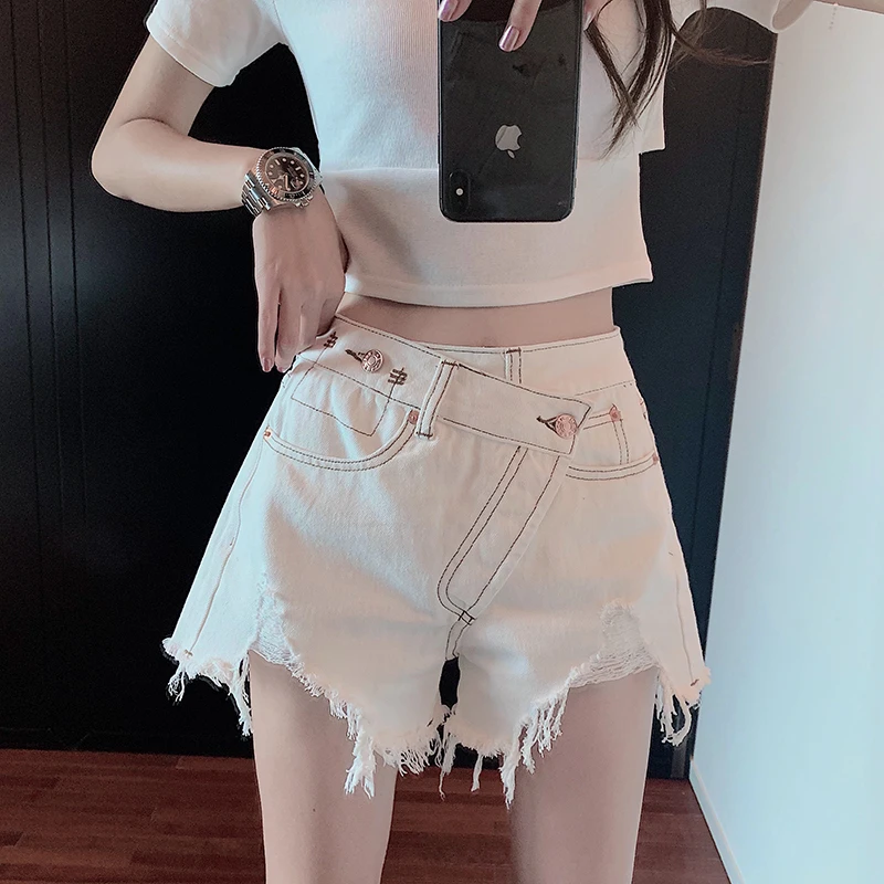 2021 Summer Women Korean Irregular High Waist White Denim Shorts New Female Fashion Casual A-line Short Jeans Ripped Tassel Wear