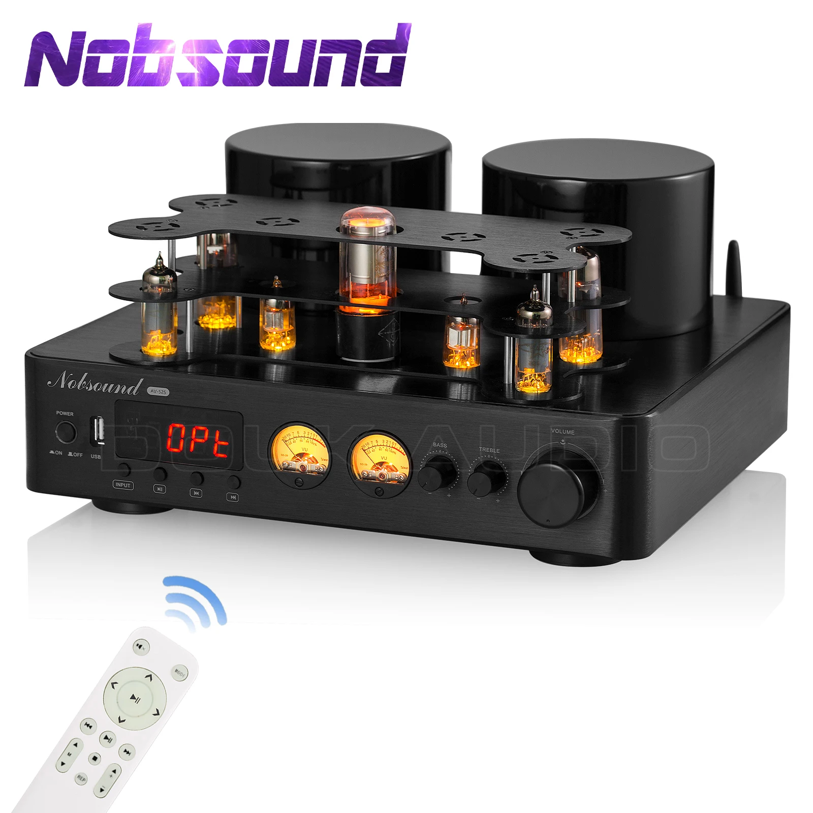 Nobsound HiFi Hybird Stereo Valve Tube Amplifier Bluetooth 5.0 Audio Receiver COAX / OPT Power Amp USB Player 200W×2