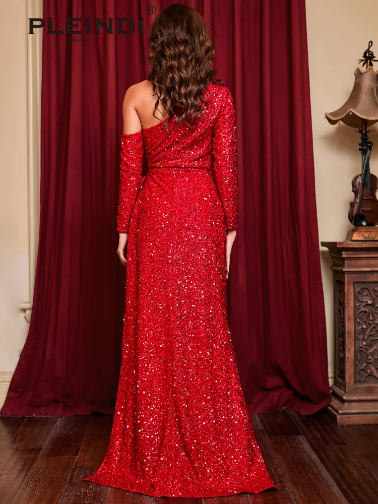 PLEINDI Luxury Evening Dresses Sequins One Shoulder Slit Backless Floor Length 2022 New of Exquisite Party Women Prom Dress