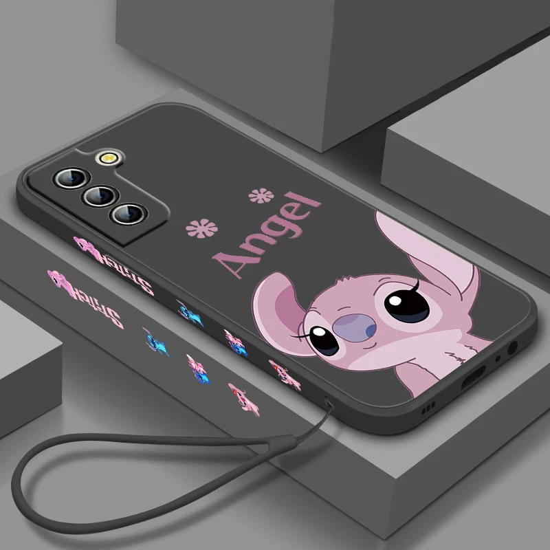 

Stitch Lilo Disney Angel Phone Case For Samsung Galaxy S23 S22 S21 S20 S10 S9 Ultra Plus Pro FE Liquid Left Rope Soft Phone Case