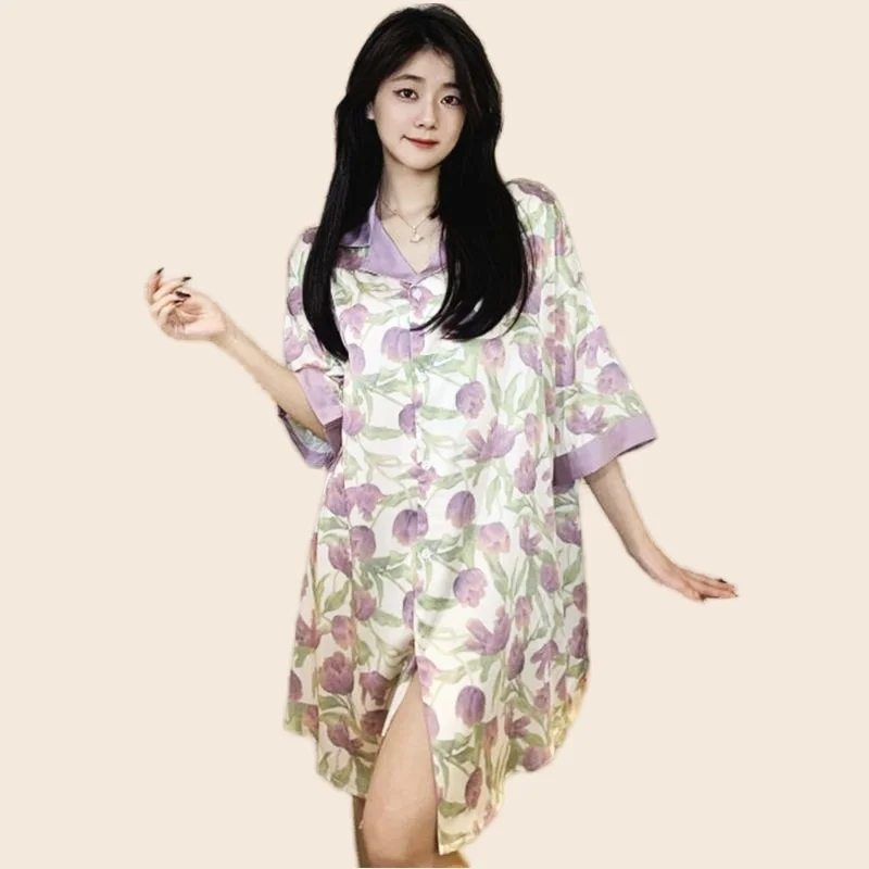 Purple Tulip Nightdress For Women V-Neck Sleeveless Sexy Flower Print Loose Nightwear Fashion luxury Clothes