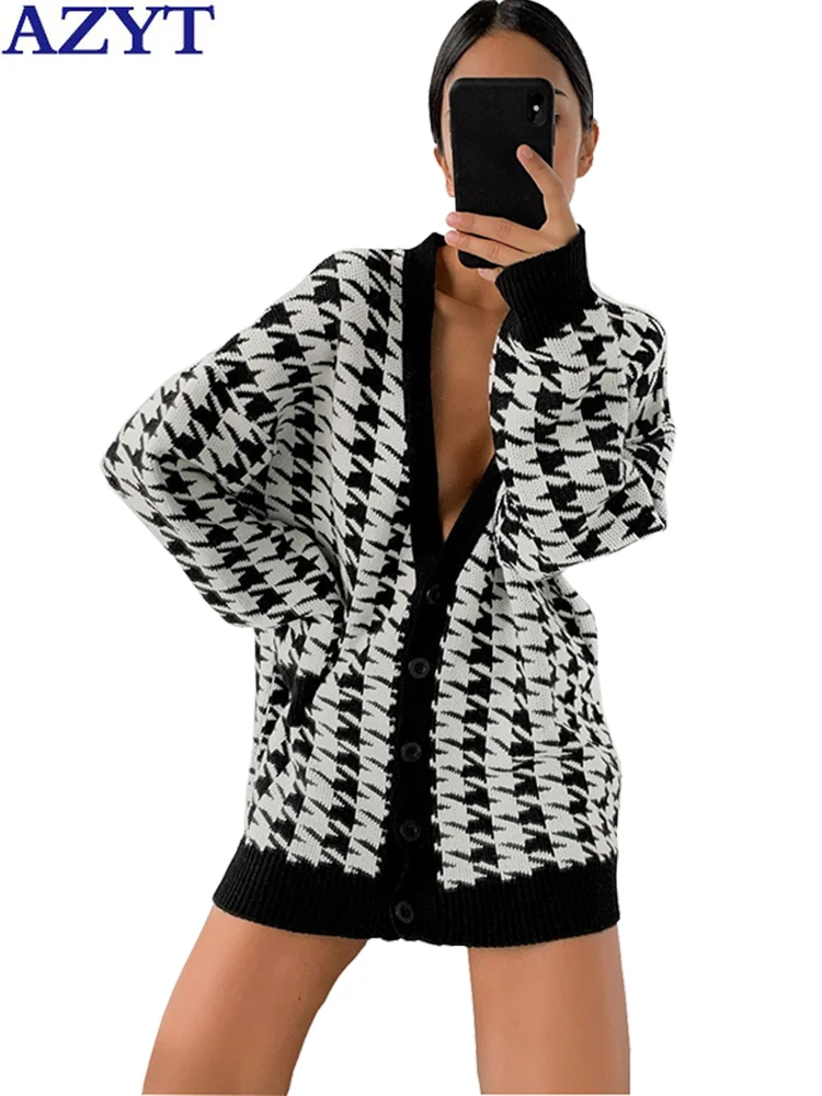 

AZYT Bird Lattice Knitted Cardigan Female Jacket All Match V Neck Women Sweater Coat 2022 Autumn Winter Knit sueters de mujer