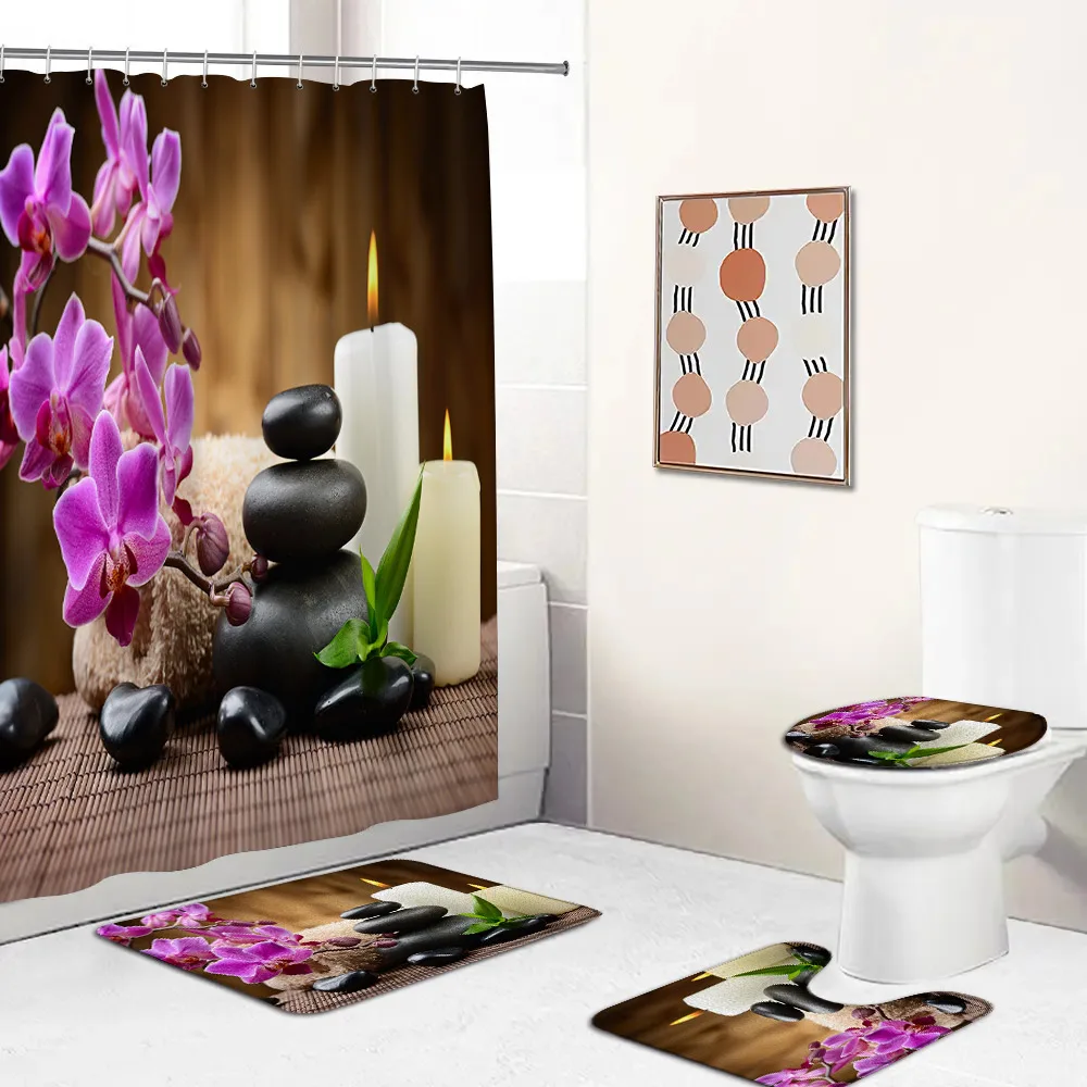 

Зеленый бамбуковый дзен занавеска для душа набор ковриков для ванной фиолетовая орхидея Черный массажный камень в форме свечи декор для ванной комнаты коврик для крышки туалета