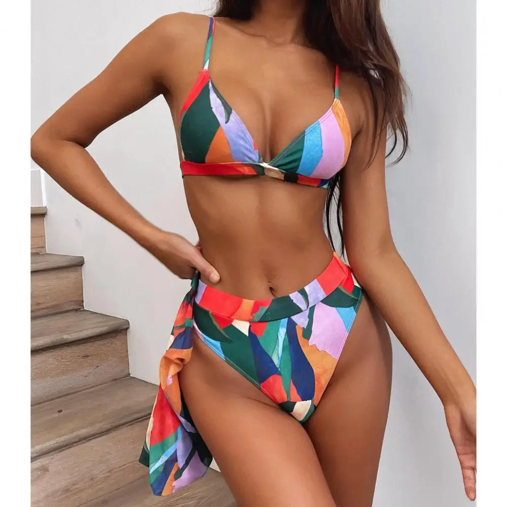 

Women Push Up Swimwear High Waist Bikini Cover Up Set Beachwear Colorful Abstract Print Bra Briefs Sunscreen Coat for Swimming