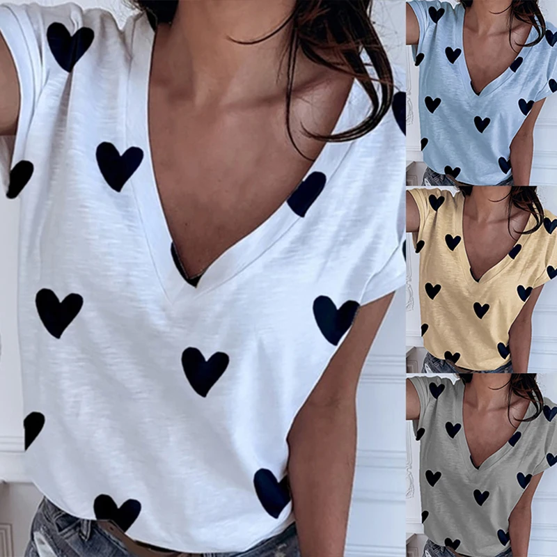 

Heart Design Print Women Shirt Casual Summer Short Sleeve Loose Shirt Ladies Streetwear Tops Clothes