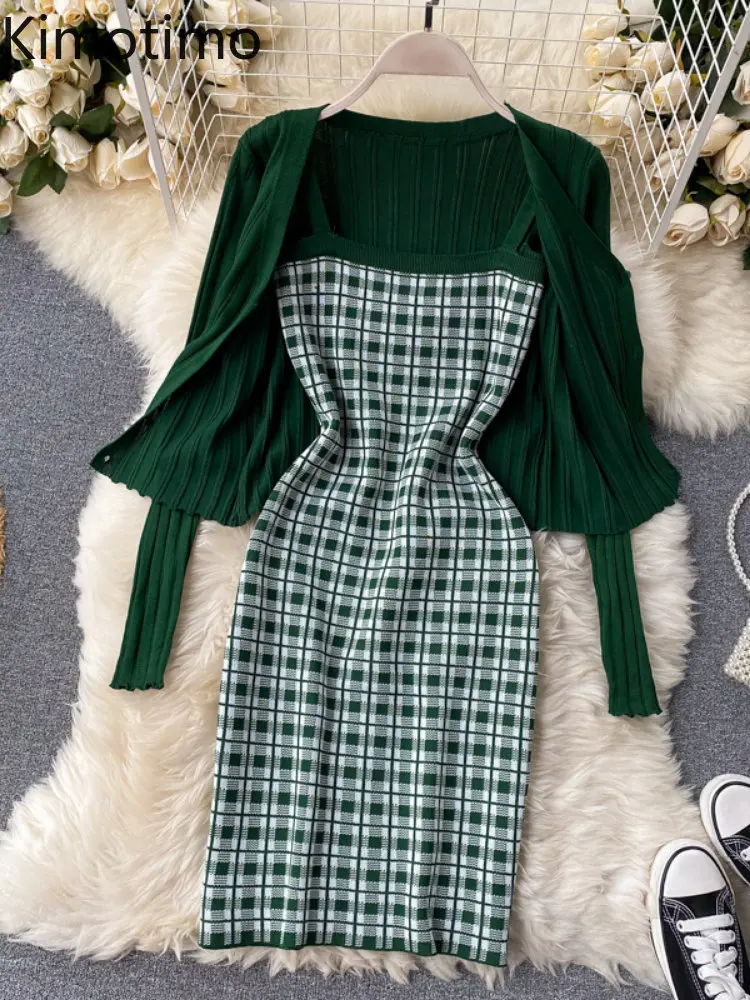 

Женское трикотажное платье Kimotimo, комплект из двух предметов, Осеннее клетчатое платье на бретелях-спагетти, корейское темпераментное однот...