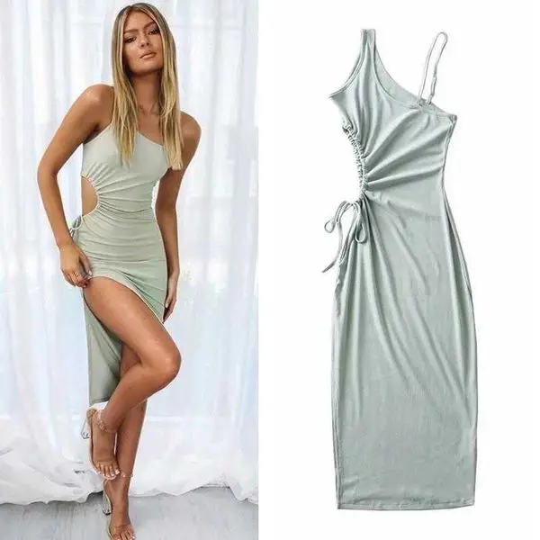 

Ins Summer Dresses Sexy Hollow Out Midriff Side Split Dress Womens Mid Length