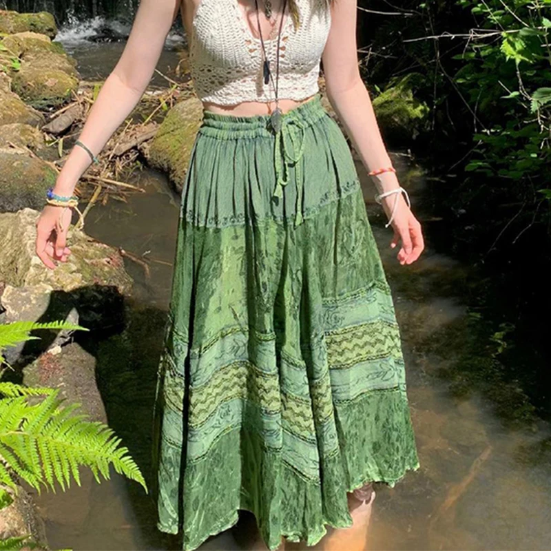 

Vintage Elegant Green Women Long Skirt Aesthetic Graphic Print Hight Waist Cute Casual Midi Skirts Grunge Sweet Lady Outfits