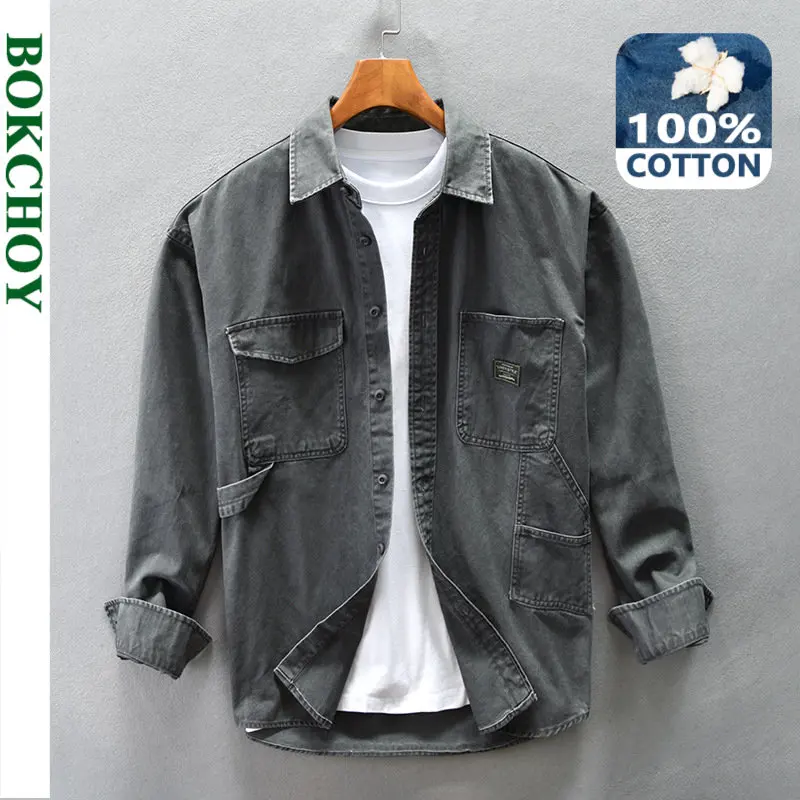 

2022 Autumn Winter New Men's Loose Cargo Casual Shirt Multi Pocket Khaki Gray Top AZ756