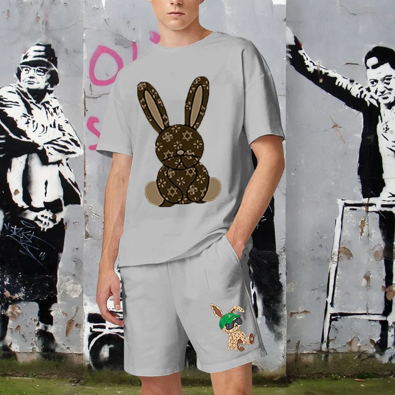 

Fashion Luxury Brand TShirt Suit Mens Oversized Breathable Cute Rabbit Print Sportwear Streetwear High Quality Cotton Shirt Set