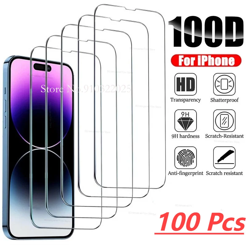 

100 шт. закаленное стекло для IPhone 14 13 12 11 Pro Max, Защита экрана для iphone 12Mini 13Mini 7 8 Plus SE X XS XR 14Pro