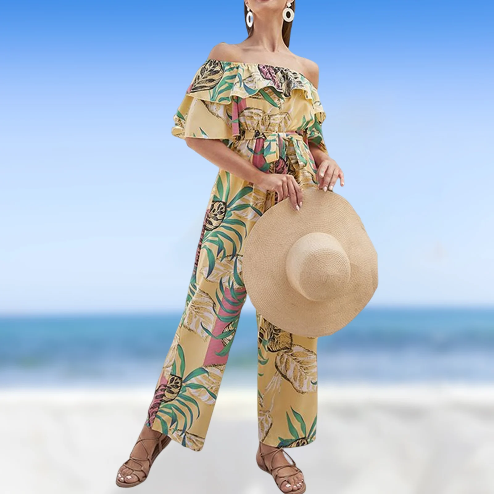 

Floral Printed Short Sleeve Jumpsuit Off Shoulder Loose Trousers Romper Lace Up Elegant Casual Ruffle for Seaside Vacation