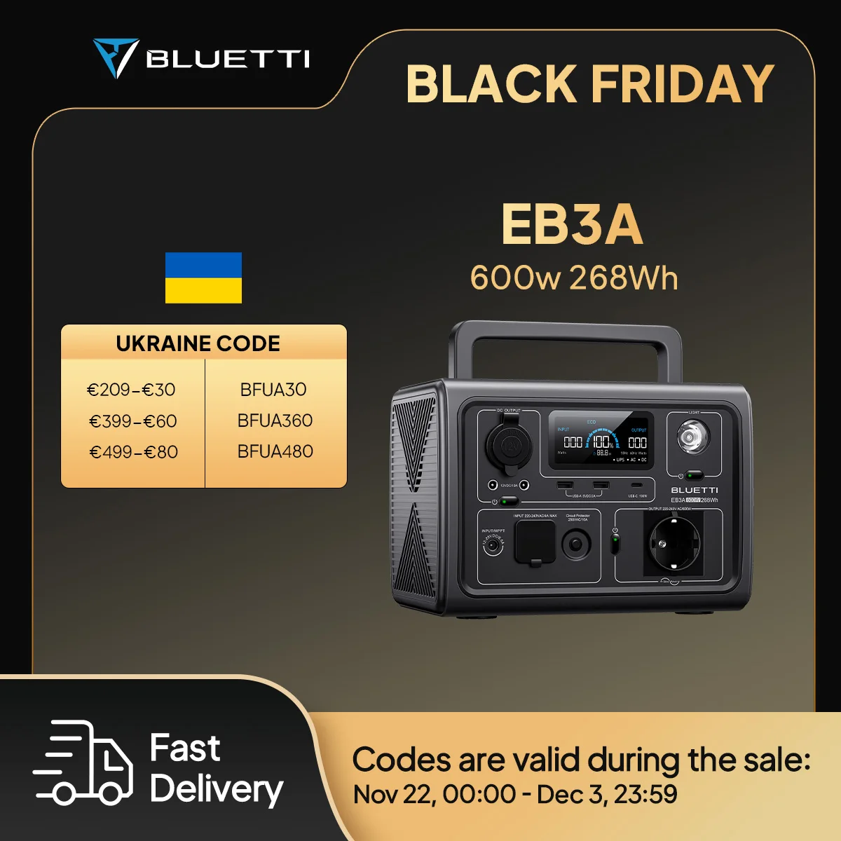 UA STOCK BLUETTI EB3A 268Wh 600 Вт Портативная электростанция Солнечный генератор LiFePO4 Батарея