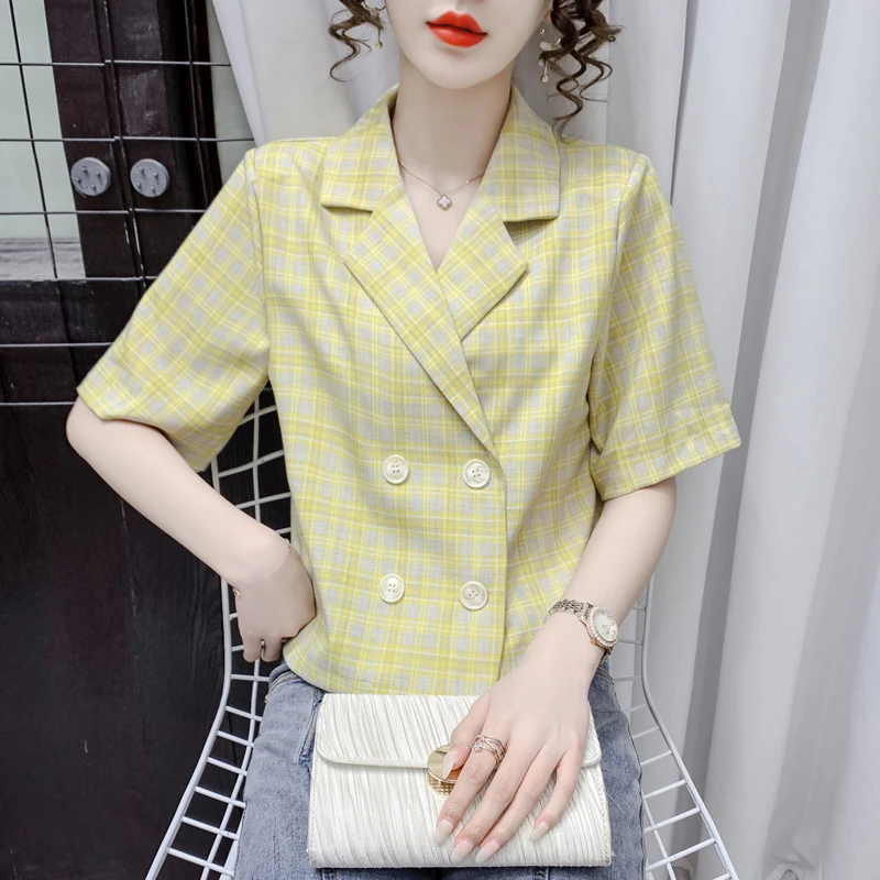 Blazers Women Plaid Thin Summer Crop Design Kawaii Harajuku Retro French Style Elegant Sweet Double Breasted Youth Preppy Chic