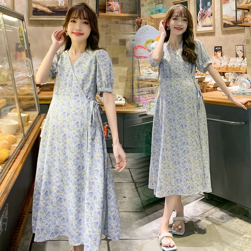 

Pregnant Women Clothing Spring Summer New Print Small Fresh And Age-reducing V-neck Slimming Belly-covering Chiffon Floral Dress