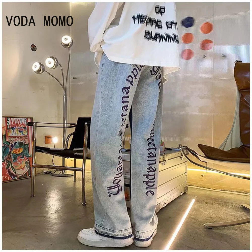

Retro Pockets Letter Embroidery Ripped Casual Jeans Men Straight Wide Leg Pant Women Harajuku Jeans Streetwear Denim Trousers