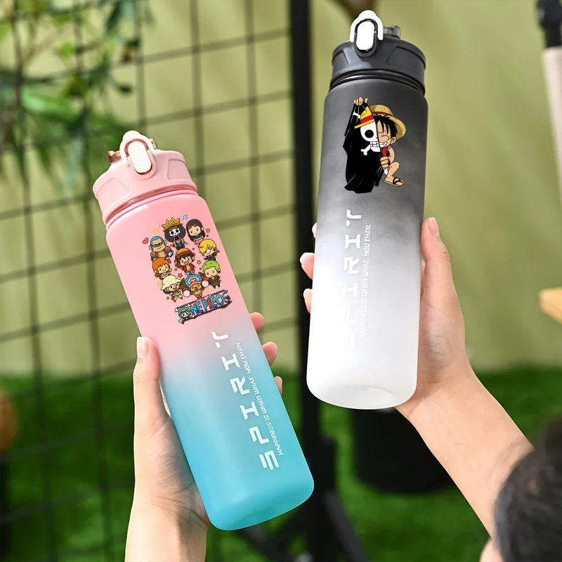 Фото Бутылка для воды One Piece, аниме-бутылка для питья, градиентная, с отметками времени, спортивная бутылка для воды, портативная, большой емкости, подарок на день рождения №2