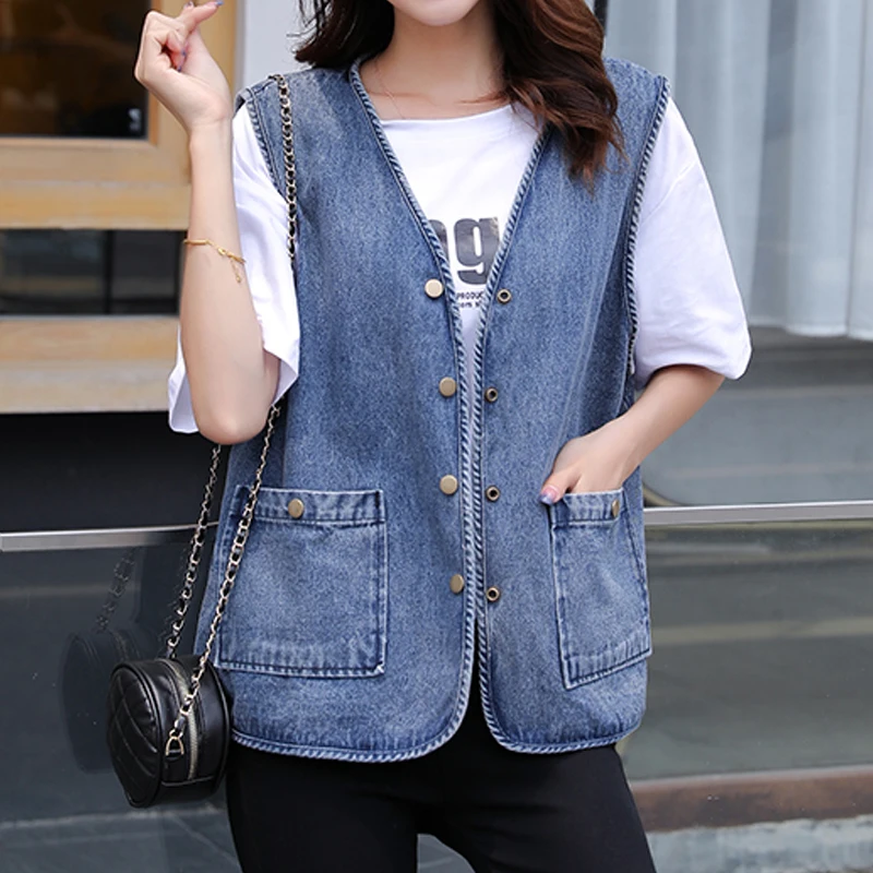 

Brief Fashion Denim Vest for Women Vintage Blue Sleeveless Jacket V-Neck Single Breasted Waistcoat Female Plus Size Jeans Coat