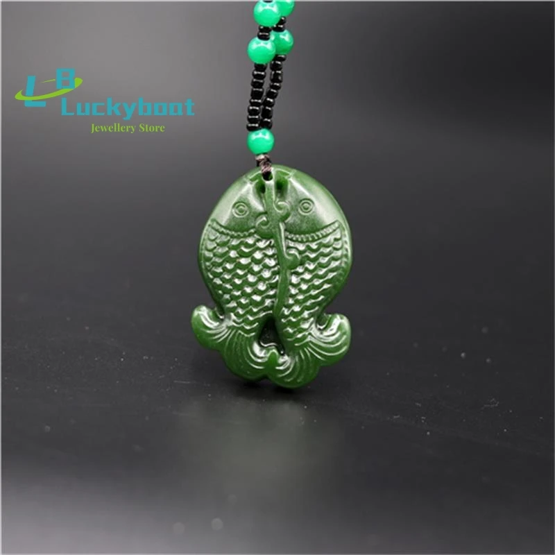 

Natural Green Chinese Jade Fish Pendant Pisces Necklace Charm Jadeite Jewelry Carved Amulet Fashion Accessories Gifts for Women