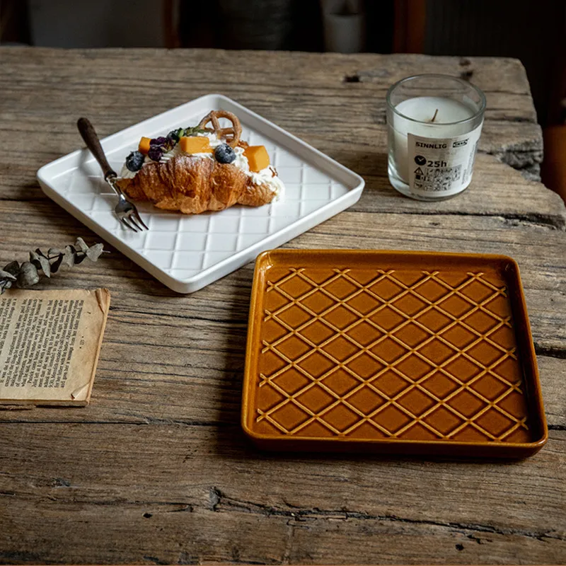 

Large Square Dessert Salad Plate Decor Waffle Grid Party Cake Fruits Steak Ornaments Storage Tray Plate Ceramic Bedroom Perfume