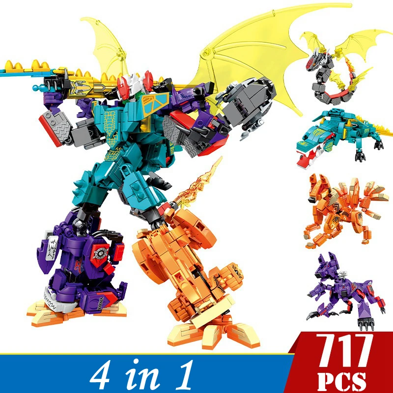 

4in1 Mecha Robot Building Blocks Classic Transformation Robot Deform Animal Dragon Warrior Model Toy For Children Birthday Gifts