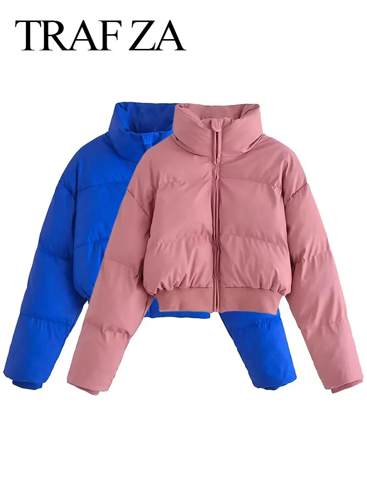 TRAF ZA 2022 Fashion Cotton Clothes Solid Color Simple Pink and Blue Premium Trend Zipper Half Turtleneck Casual Winter Jacket