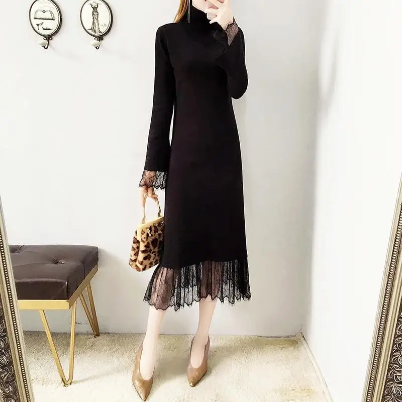 

Women 2022 Spring Autumn New Lace Stitching Sweater Dress Female Turtleneck Knitted Dresses Ladies Long Straight Vestidos F266