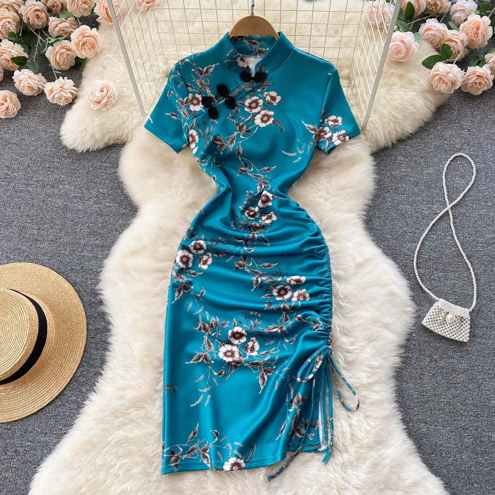 

Новое улучшенное летнее элегантное пикантное Платье-футляр средней длины в китайском стиле с разрезом и плиссированным шнурком в стиле Цип...